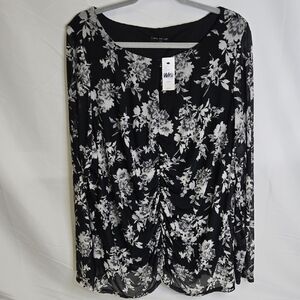 Lane Bryant Fitted Ruched-Front Mesh Long Sleeve Top, Black/White, Women's 26/28